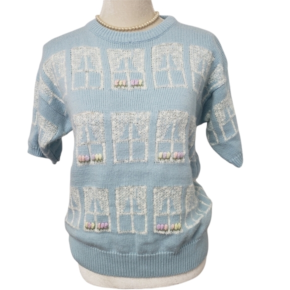 Vintage White Stag Short Sleeve Sweater Baby Blue & White Window Design VGUC M - Picture 2 of 11